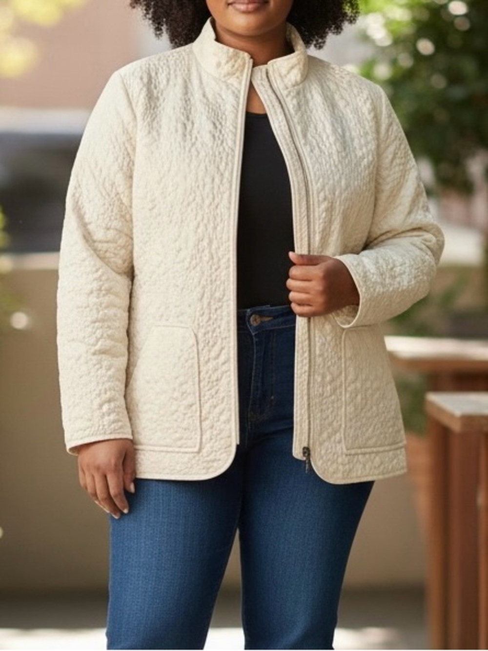 Chico's Quilted Embroidered Jacket sz XL/16-18 Ivory Ecru Zip Front Floral